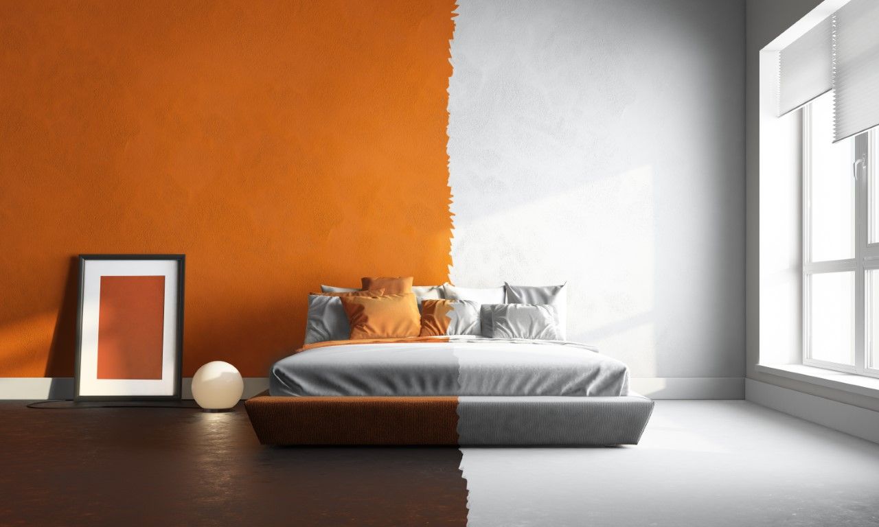 Staged bedroom photo showing a wall color transition and visualization